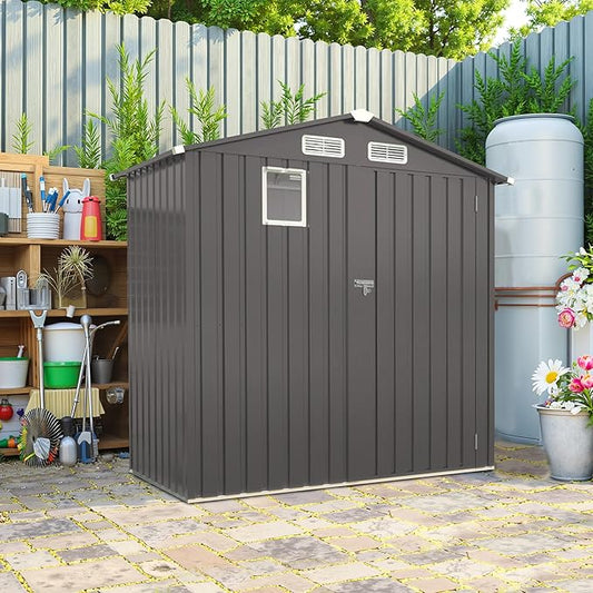 6x3.5 FT Outdoor Metal Storage Shed, Tool Shed with Peaked Roof and Lockable Door, Compact Garden Shed with Clear Window for Backyard Garden Patio Lawn, Gray