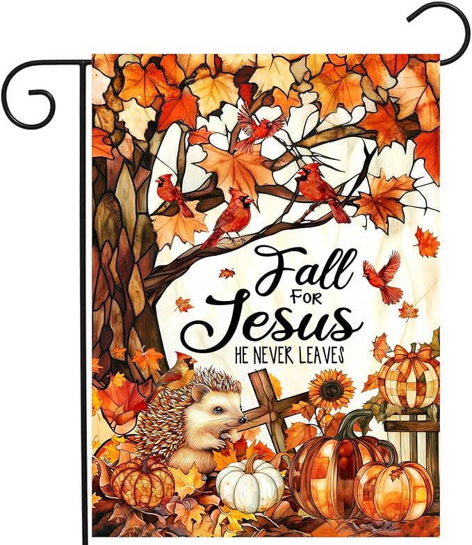 Fall for Jesus Garden Flag He Never Leaves Autumn Pumpkin Banner Stained Glass Cardinal Yard Signs Outside Halloween Thanksgiving Religious Outdoor Decor 12x18 Double Sided Small
