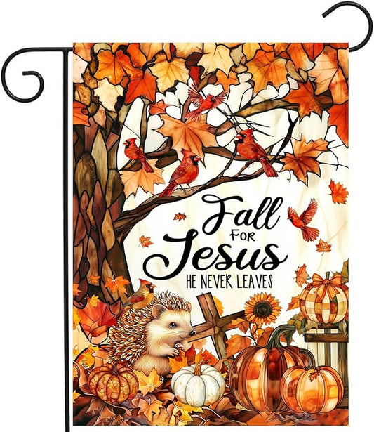 Fall for Jesus Garden Flag He Never Leaves Autumn Pumpkin Banner Stained Glass Cardinal Yard Signs Outside Halloween Thanksgiving Religious Outdoor Decor 12x18 Double Sided Small