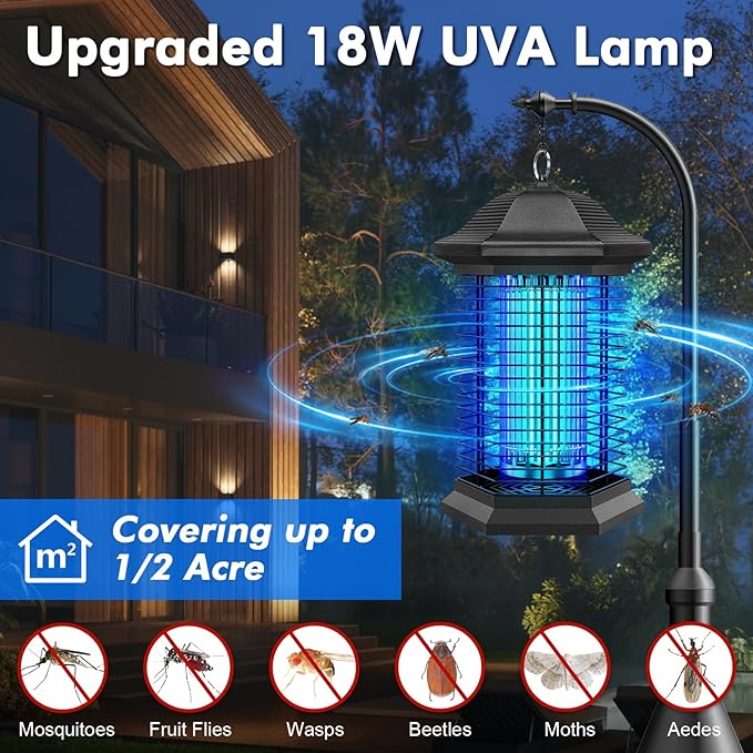Bug Zapper Outdoor Indoor, Electric Mosquito Zapper with 18W Power & 4400V High-Voltage, Coverage of 1/2 Acre, 5ft Power Cord, 3 Prong Plug, Waterproof Fly Trap for Patio, Backyard, Garden