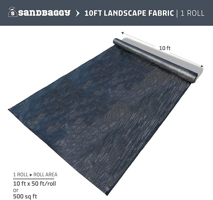 Sandbaggy 10 ft x 50 ft Landscape Fabric | 40 Year Fabric | for Weed Barrier, Ground Cover, Garden | Industrial Grade | 135 Lbs of Tensile | UV Protected | DOT Approved (1 Roll - 10 ft x 50 ft)
