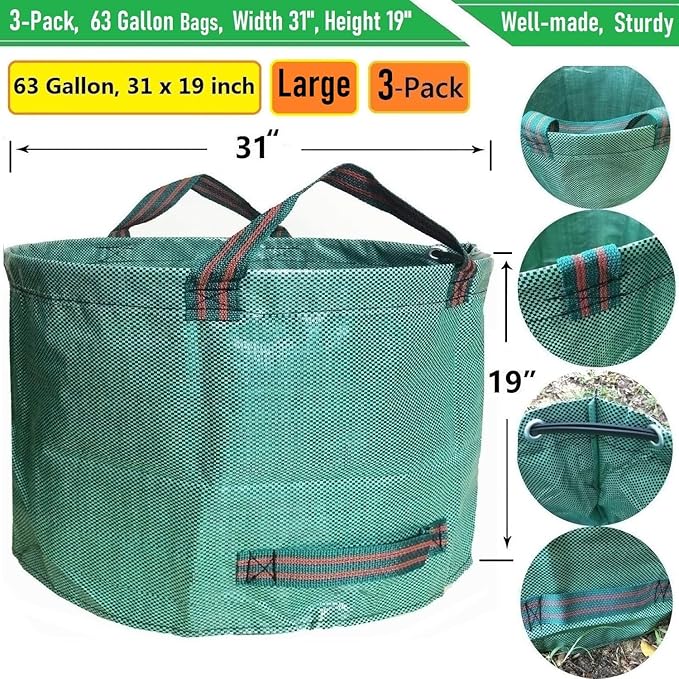 Professional 3-Pack 63 Gallons Lawn Garden Bags (D31, H19 inches) Reusable Yard Waste Bag with Gardening Gloves - Patio Standable Bag,Leaf Bag,Trash Containers,Plant Clippings Bag with 4 Handles