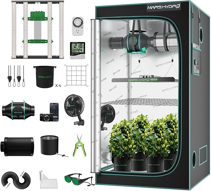 Mars Hydro 3x3 Smart Grow Tent Kit Complete System,FC-E3000 APP Control Dimmable 1184Pcs LED Grow Light,1680D High Reflective Mylar,with Smart WiFi Control Ventilation System,10 Speed Clip Fan