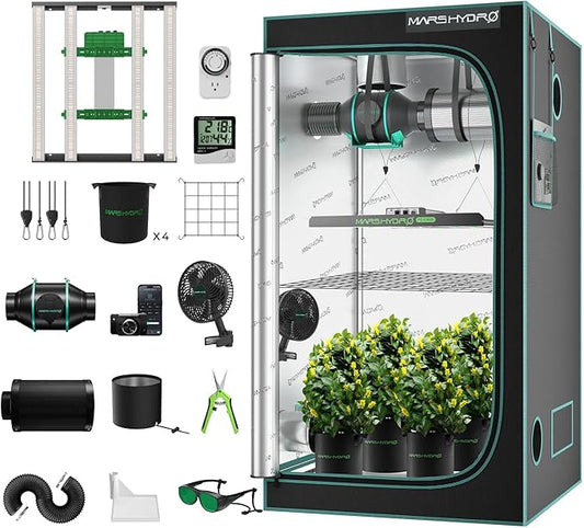 Mars Hydro 3x3 Smart Grow Tent Kit Complete System,FC-E3000 APP Control Dimmable 1184Pcs LED Grow Light,1680D High Reflective Mylar,with Smart WiFi Control Ventilation System,10 Speed Clip Fan