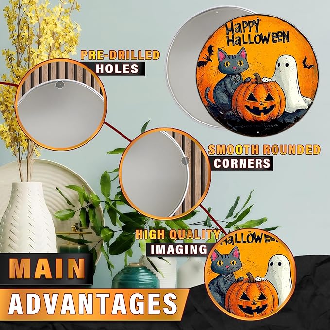 PEACHGARDEN Round Halloween Black Cat Vintage Sign Happy Halloween Pumpkin Metal Tin Sign for Home Bar Kitchen Hotel Dining Room Coffee 8x8inch