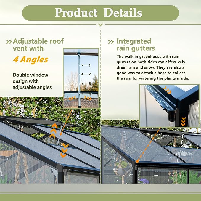 6x12 FT Greenhouses for Outdoors,Heavy Duty Polycarbonate Greenhouse,Lockable Walk-in Green House Sunroom w/ Roof Vent,Aluminum Hot House for Garden Plants Backyard Patio,Black