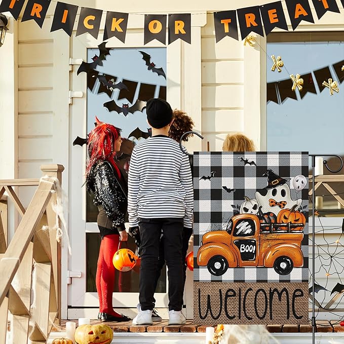 Welcome Halloween Garden Flag 12x18 Inch Double Sided for Outside，Buffalo Plaid Rustic Ghost Pumpkin Truck Flag Farmhouse Yard Outdoor Decoration