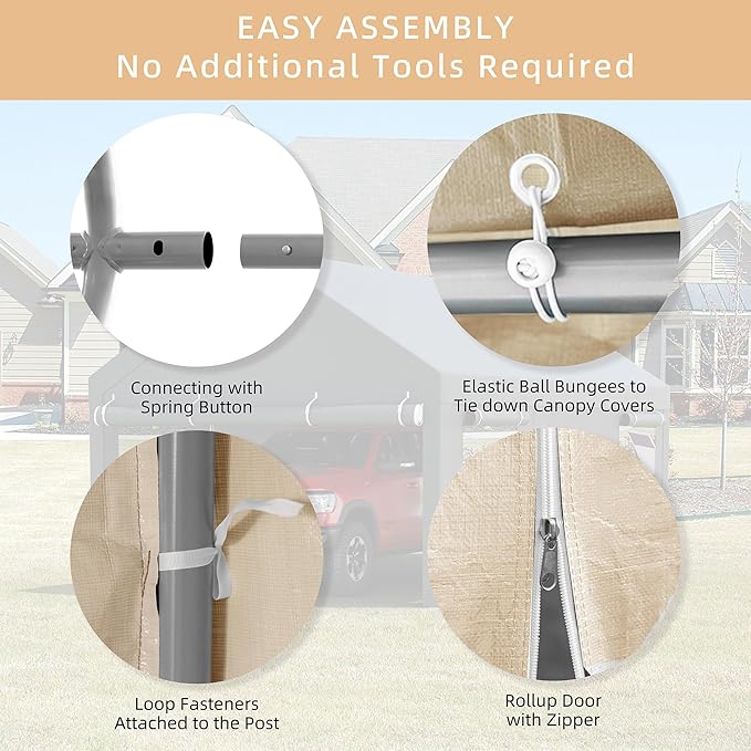 JY QAQA Carport, 10x20 FT Heavy Duty Carport Reinforced Steel Poles with Removable Sidewalls & Doors,Roll-up Windows Car Canopy with Sandbags and All-Season Tarp for Car Boat Truck Motorcycle