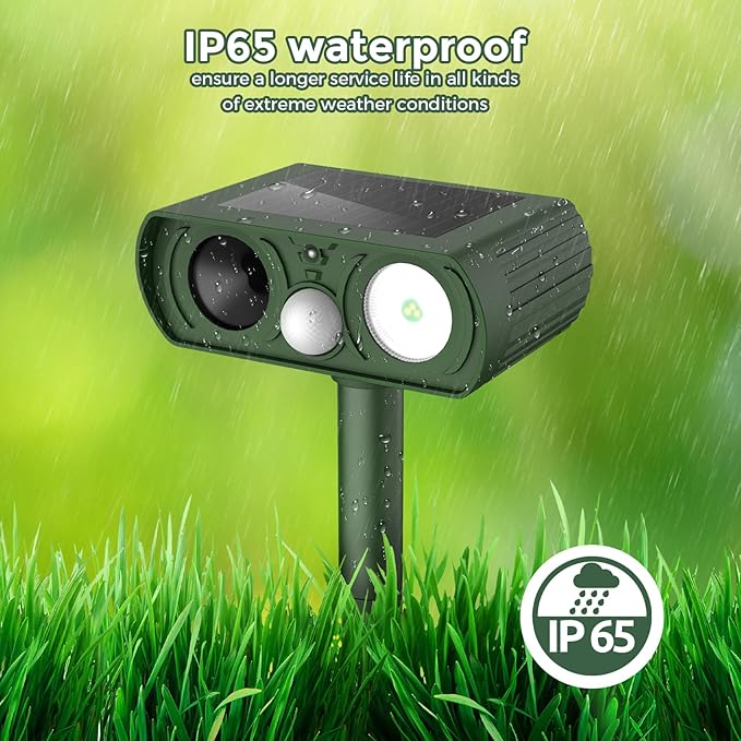 2PACK Solar Ultrasonic Animal Repellent Outdoor, Deer Repellent Devices Squirrel Cat Raccoon Rabbit Dog Deterrent, Keep Rodent Away Motion Detection with Flash Light for Yard Garden Lawn