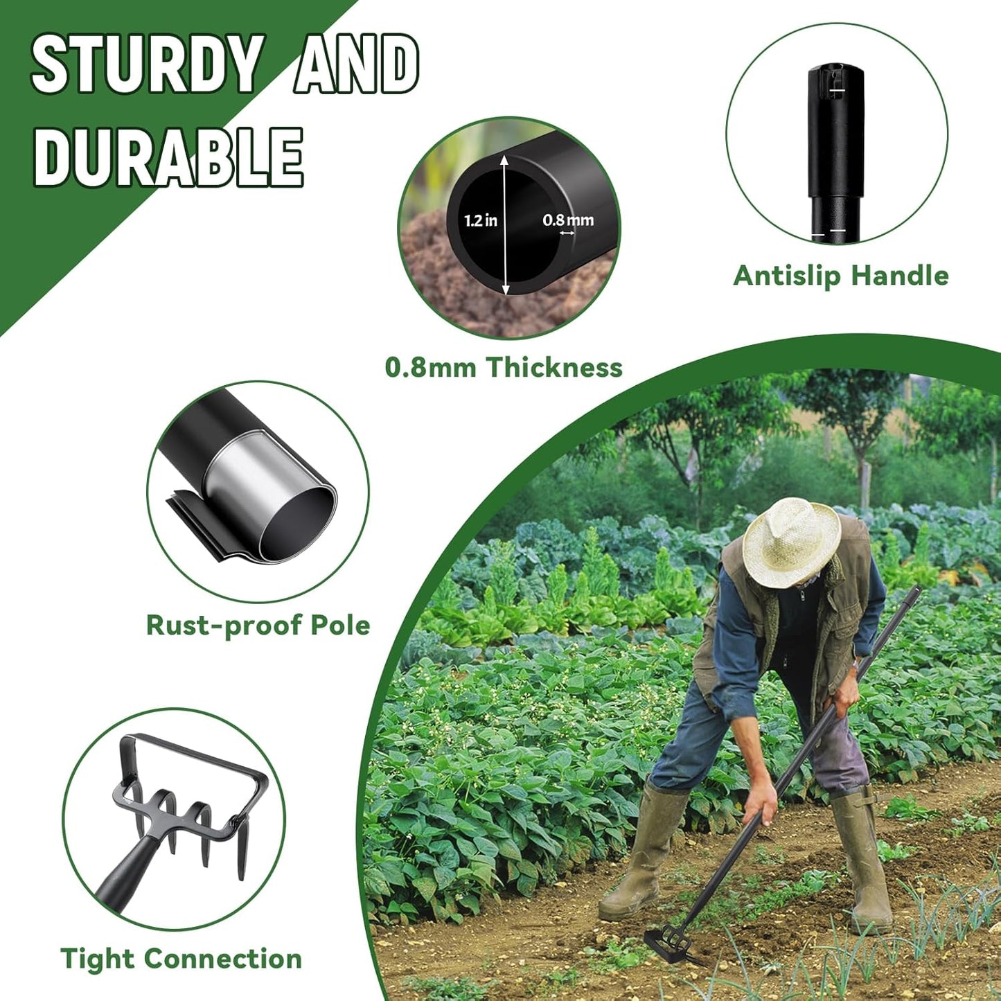 Stirrup Hoe, Heavy Duty Hula Hoe with 32-72" Adjustable Long Handle, 2 in 1 Action Hoe with Cultivator Rake, Scuffle Hoe, Hula Hoe Garden Tool for Weeding Grass, Loosening Soil, Sharp Blade, Black