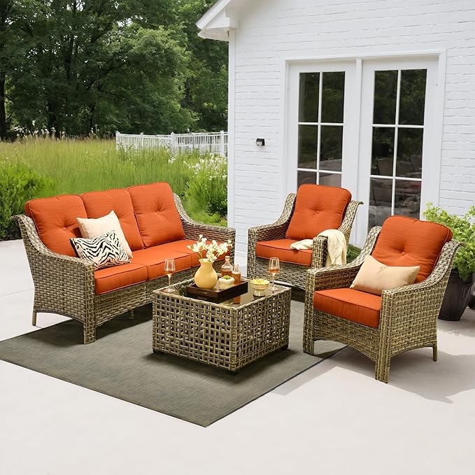 4 Pieces Patio Outdoor Furniture Set,All Weather Wicker Rattan Patio Seating Sofa and Chair Set w/ 3-Seater Sofa and Glowing Coffee Table,Outdoor Conversation Sets for Deck Yard Garden,Orange Red