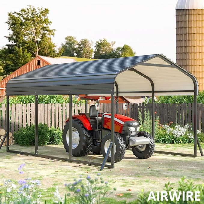 Carport 10x15 FT Metal Carport with Reinforced Base Outdoor Heavy Duty Garage Galvanized Car Shelter for Pickup, Boat, Car and Tractors
