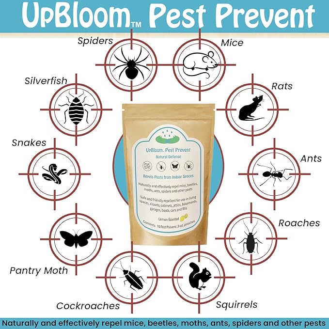 UpBloom - Pest Prevent All-Natural Repellents Home and Garage Defense from Mouse, Spider, Roaches, and Insects 10 Pest Control and Repeller Pouches