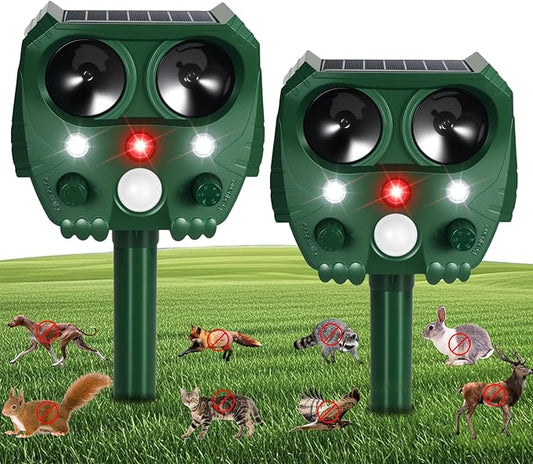 2 Pack 2025 Ultrasonic Animal Repeller Outdoor Solar Deer Repellent Devices with Motion Detection,Waterproof Squirrel Raccoon Fortress Pro Deterrent Light for Cat Skunk Rabbit Dog