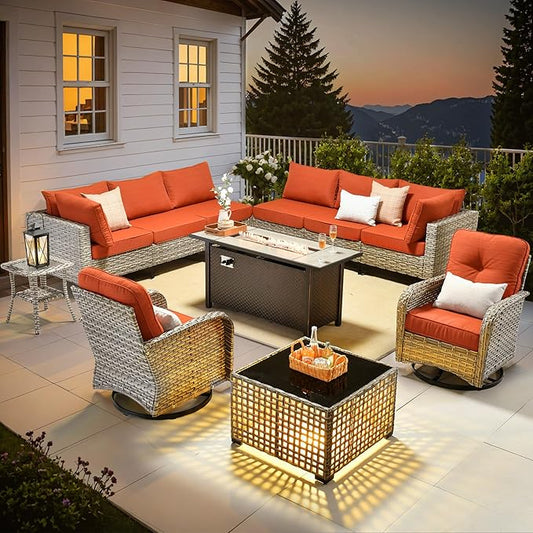 Outdoor Sectional Patio Furniture Set with Fire Pit Table and Swivel Rocking Chairs,11 Pieces Wicker Conversation Sets L Shaped Couch Out Door Sofa Outside Furniture for Garden Deck,Orange Red