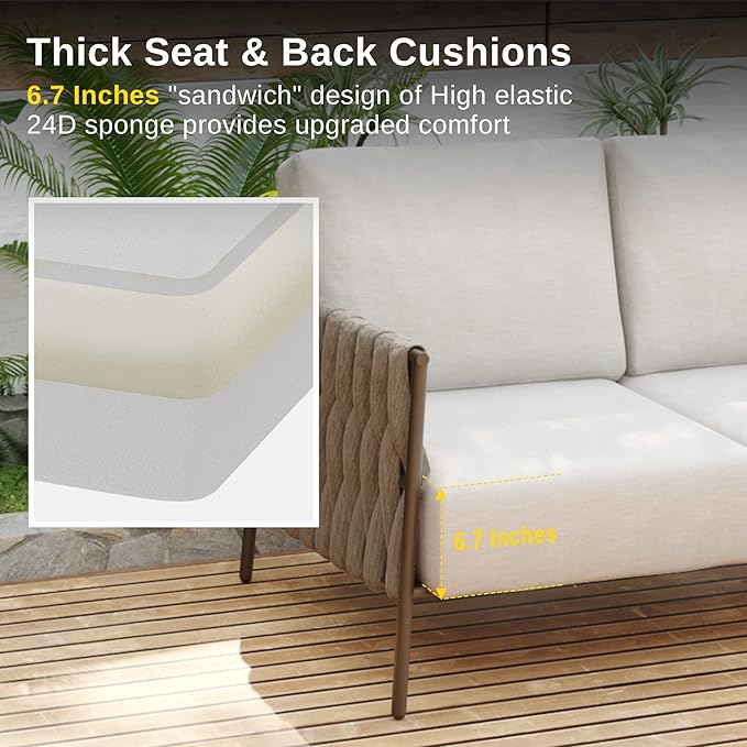 EAST OAK Life Chatter Patio Furniture Set, Outdoor Furniture Sectional Sofa Set with Round Coffee Table, 4 Seats Sofa Deep Seating with Thick & Washable Cushions, Chestnut Brown & Creamy Apricot