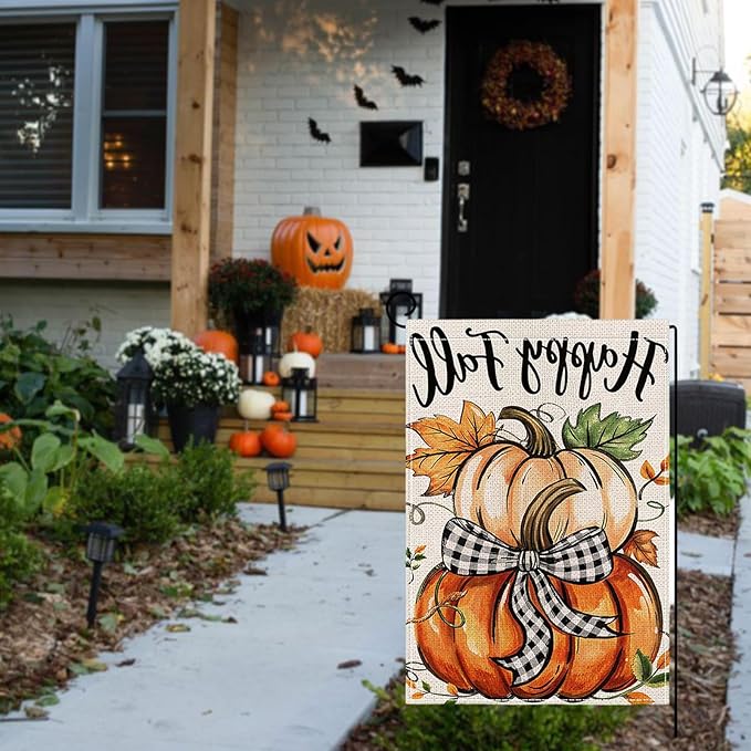 Fall Garden Flag 12 x 18 Inch Double Sided Cute Pumpkin Maple Leaves Designs Autumn Burlap Yard Flag for Outside Rustic Yard Outdoor Holiday Home Decoration