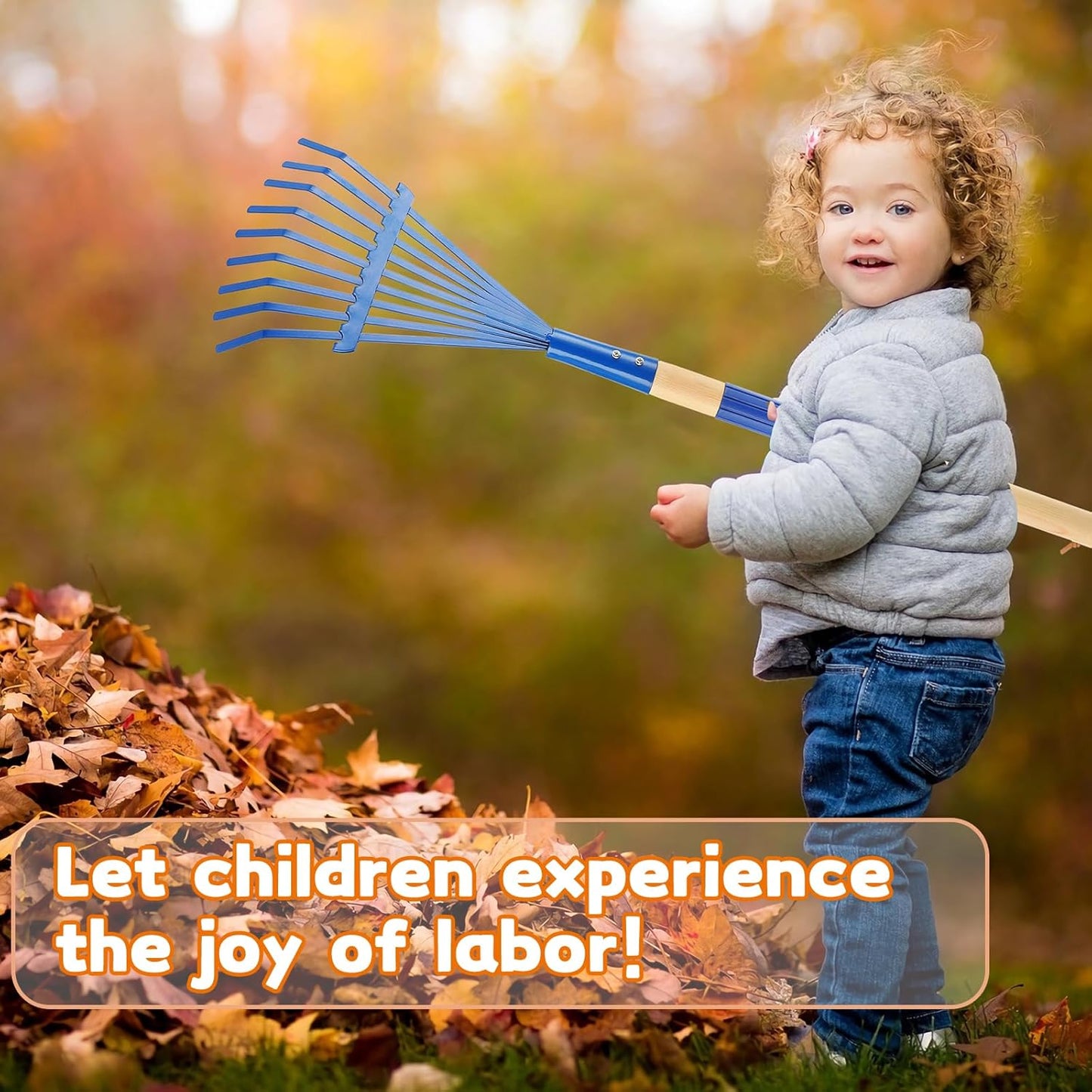 Kids Rakes with Hardwood Handle - Metal Kids Leaves Rakes, 28" Child Size Lawn Rakes with Vibrant Blue Heads, Garden Tool Set for Kids Boys and Girls