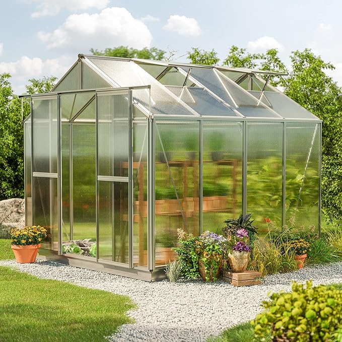 Greenhouse Saphir 4 Aluminum Frame 8.5 x 8.5 ft Approx. 8 mm Polycarbonate Panels - with Bonus Base Frame and Automatic Vent Opener