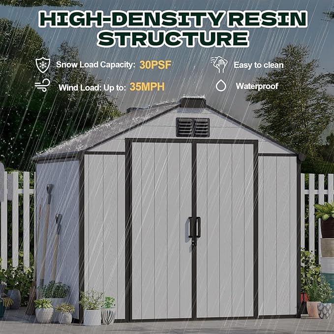 MELLCOM 8 x 6 FT Resin Storage Shed with Floor, Outdoor Garden Tool Shed with Windows and Lockable Door for Patio, Lawnmower, Pool Supply, Bike