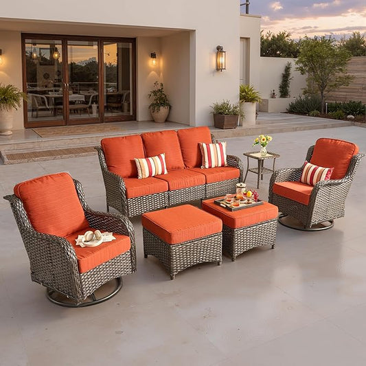 ovios 6 Pieces Patio Furniture Set, Outdoor Wicker Sofa Couch with Swivel Chairs Ottomans Comfy Cushions, All Weather High Back Modern Conversation Sets, Brown Rattan, Orange Red