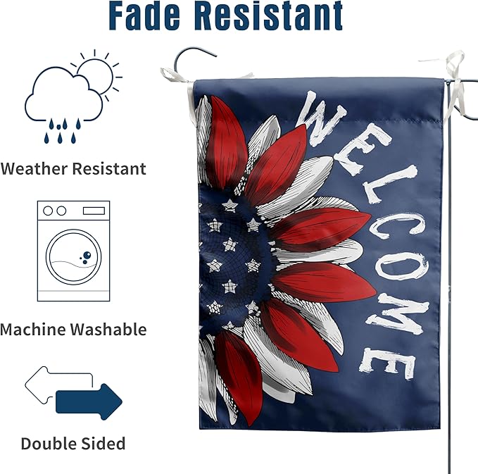 4th of July Sunflower Garden Flag Red White Blue Floral Yard Flags Small Memorial Independence Day Banner 12x18 Double Sided for Outside Outdoor Patriotic Decor