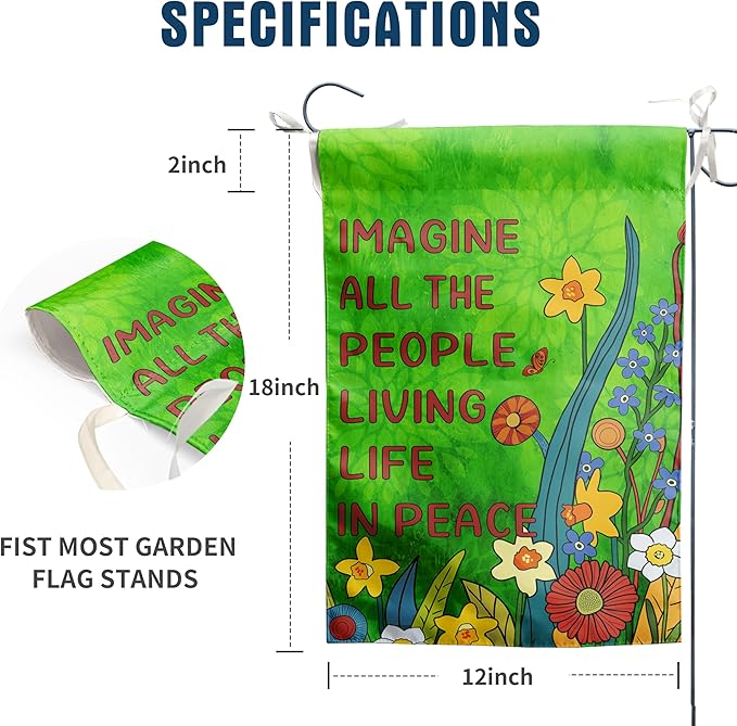 Imagine All the People Living Life in Peace Garden Flag Green Peace Flags for Outdoors Spring Floral Yard Flags Small Summer Outdoor Flag 12x18 Double Sided Outside Decor