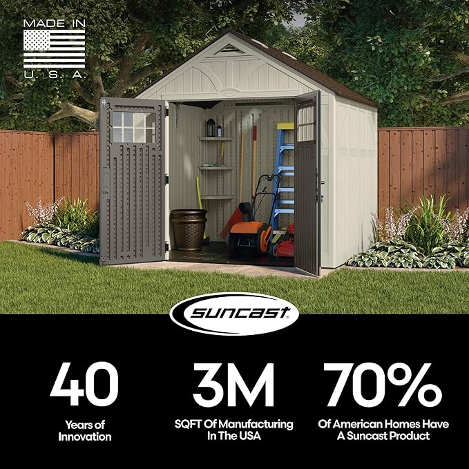 Suncast 8' x 7' Heavy-Duty Resin Tremont Storage Shed with Reinforced Floor, Skylights for Natural Light, Lockable Double Doors, Cream, Made in the USA