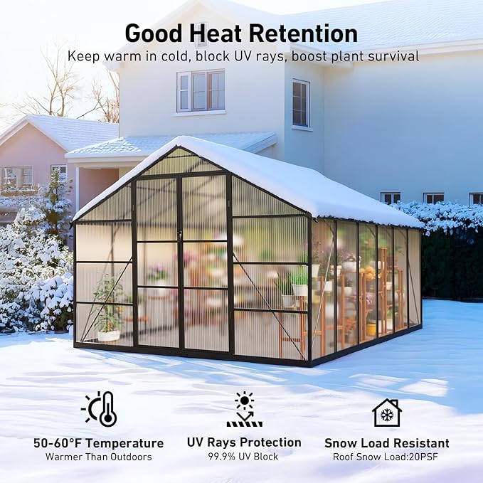 10x12FT Outdoor Greenhouse , Polycarbonate Green House with UV Protection, Heavy Duty Greenhouse with Windproof Aluminum Frame, Roof Vent & Quick-Install Design for Backyard or Garden Use