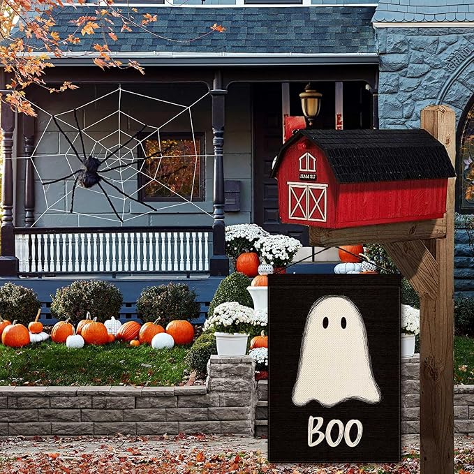 Happy Halloween Boo Garden Flag Cute Ghost Small Flag for Outside Burlap Double Sided Welcome Yard Lawn Decor 12.5x18"