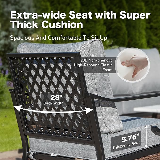 4 Piece Black Metal Outdoor Patio Furniture Sets with Firepit Table, Patio Conversation Sets 1 3-Seater Sofa, 2 Swivel Sofa with 5.75" Thick Cushion Backyard Furniture for Deck, Gray