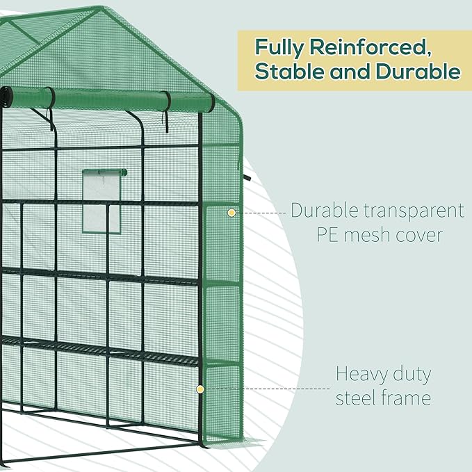 Outsunny 8' x 6' x 7' Walk-in Greenhouse with Mesh Door and Windows, 18 Shelf Green House with Trellis, Plant Labels, UV Protective for Growing Flowers, Herbs, Vegetables, Saplings, Green