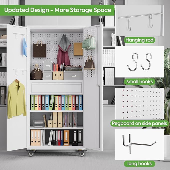 71" H Metal Garage Storage Cabinet with Wheels and Doors,Rolling Tool Cabinet with Pegboard,Rod and Drawer for Garage Warehouse Home,Required Assembly,White