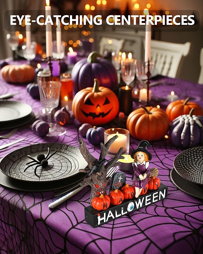 Halloween Decorations Indoor 7.8'' Resin Monsters - Witch Pumpkins Black Crow Spooky Tree R.I.P Graveyard Tombstones with Decorative Happy Halloween Sign Figurines (Witch)