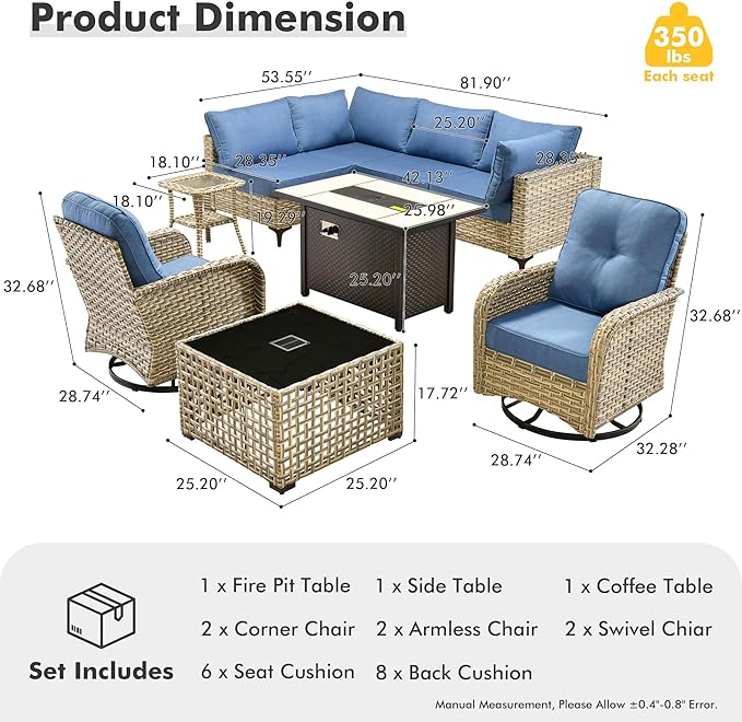 HOOOWOOO Outdoor Patio Furniture Set with Fire Pit Table,9 Pieces Wicker Out Door Sectional Furniture L Shaped Couch,Outside Patio Conversation Sets Swivel Chair,Blue