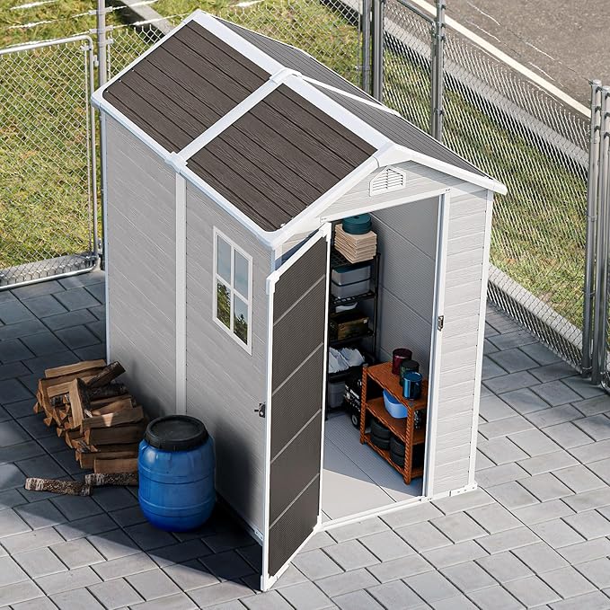 4x6 FT Small Plastic Shed Resin Outdoor Storage with Floor Included, Waterproof Mini Garden Tool Sheds Cabinet