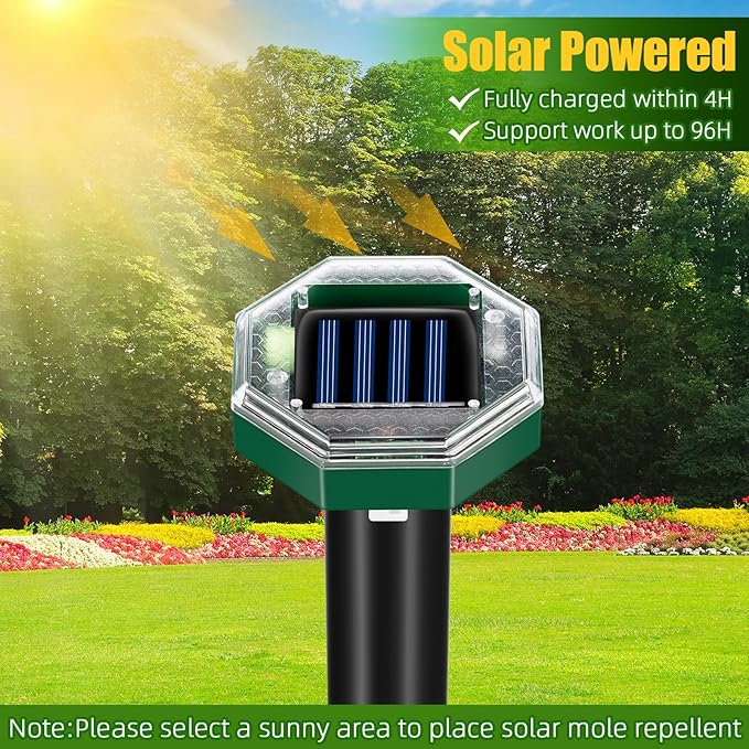 Mole Repellent Solar Powered, 8 Pack Ultrasonic Gopher Vole Repellent Outdoor, Waterproof Sonic Spikes Get Rid for Squirrel, Rat, Mice, Rodent, Skunk Repellent for Lawns Yard