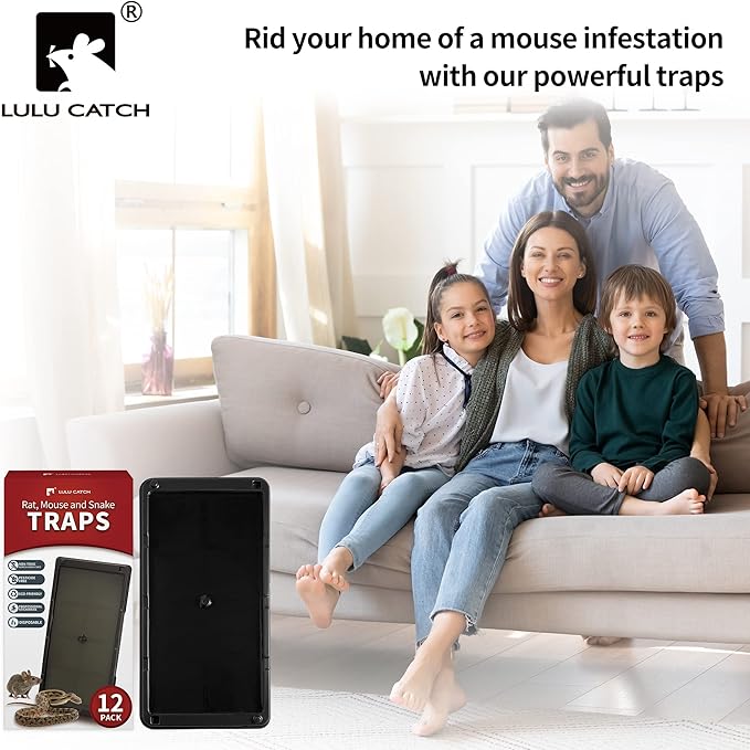 LULUCATCH Super Glue Traps 12 Pack for Mice & Snakes, Larger, Heavier Sticky Traps with Non-Toxic Glue. Sticky Mouse Traps Indoor, Easy to Set, Pet Safe Pest Control
