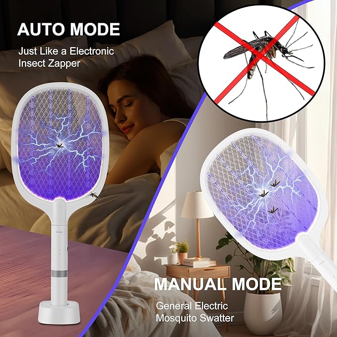 Electric Fly Swatter Racket, 4000V Bug Zapper Racket Rechargeable Fly Zapper Dual Modes Mosquito Swatter Portable with Purple Light & 3-Layer Safety Nets for Indoor & Outdoor, 2 Pack