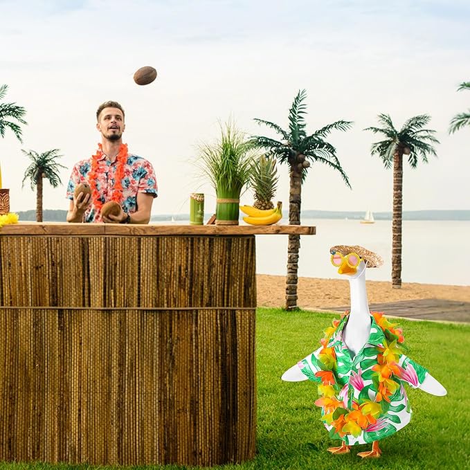 DECOHS 4 Pcs/Set Hawaiian Porch Goose Outfits, Summer Lawn Goose Costume, Yard Goose Clothes Hawaiian Wreath with Straw Hat Glasses for 23" Statue Patio Garden Decoration