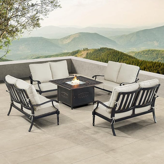 Oakland Living Black Aluminum Patio Fire Table Set with Four Deep Seating Loveseat with Cushions with Light Grey Cushions