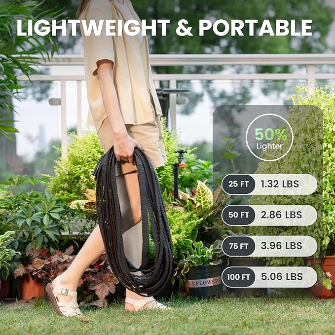 Giraffe Tools Garden Hose 75FT Lightweight Lay Flat Water Hose Kink Free Flexible Hose with 9 Spray Function Nozzle, Black