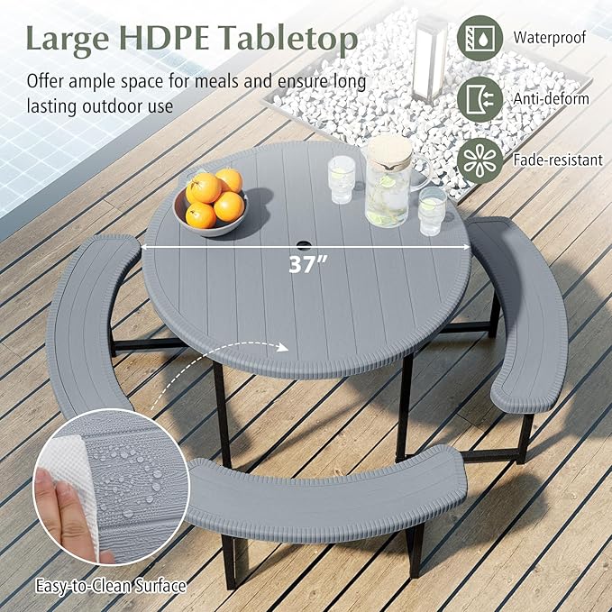 Giantex Picnic Table Bench Set for 4-8 Person, Round 37” Outdoor Dining Table w/Umbrella Hole, HDPE Tabletop, Metal Frame, Patio Furniture Set for Backyard Porch Lawn, 1400lb Capacity (Gray,Round)