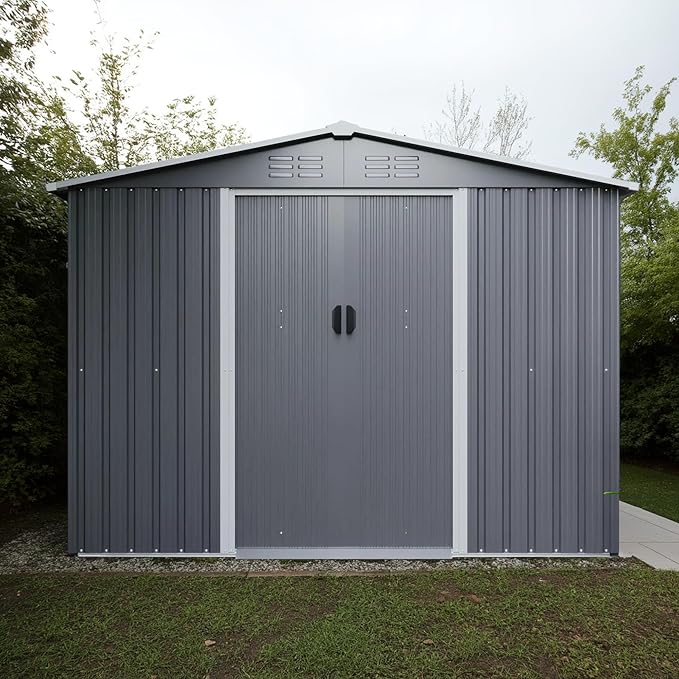 8x6 FT Outdoor Tool Storage Shed with Metal Foundation & Lockable Doors, All Weather Metal Sheds for Garden, Patio, Backyard, Lawn, Gray