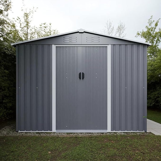 8x6 FT Outdoor Tool Storage Shed with Metal Foundation & Lockable Doors, All Weather Metal Sheds for Garden, Patio, Backyard, Lawn, Gray