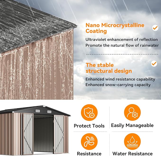 10x8FT Outdoor Storage Shed, Metal Garden Shed with Lockable Double Doors & Sloping Roof, Weather-Resistant Tool Shed for Backyard, Patio, Poolside Brown