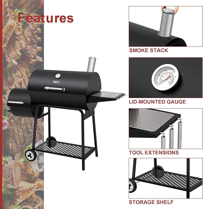 Royal Gourmet CC1830M 30 Inch Barrel Charcoal Grill with Offset Smoker & Warming Rack, Outdoor BBQ Grill with 811 Sq. In. Grilling Space for Backyard, Patio and Parties, Black