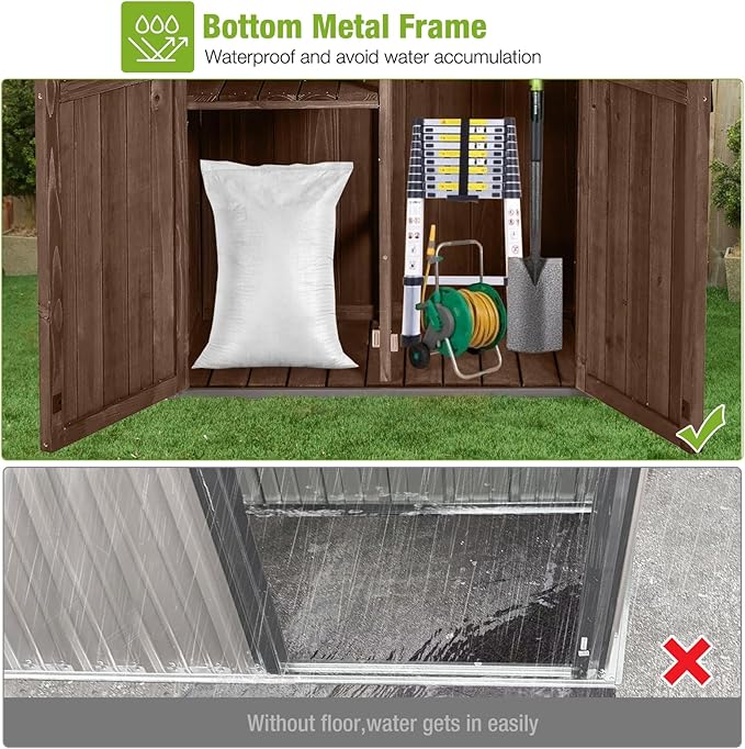 GUTINNEEN Outdoor Storage Shed with All Around Strong Metal Frame, Garden Tool Sheds Cabinet with Floor & Adjustable Shelves, Wooden Tool House for Backyard Garden Patio Lawn (Dark Brown)