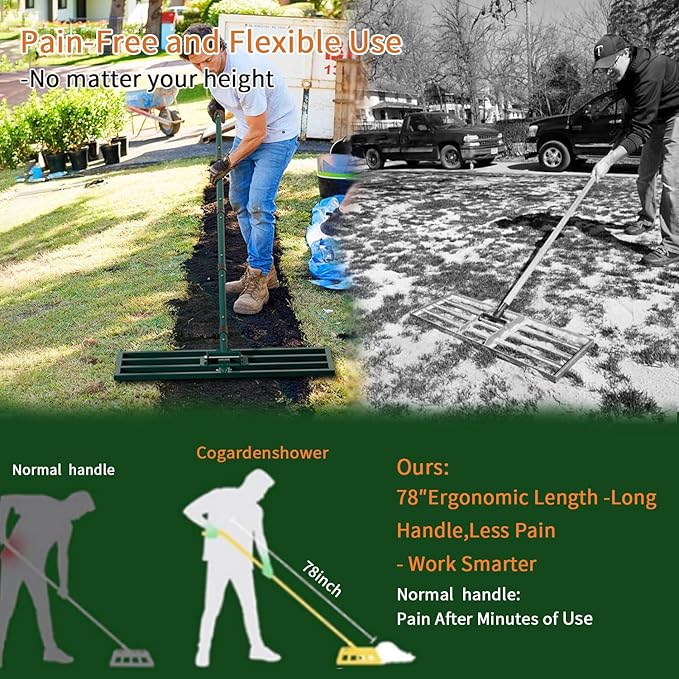 Lawn Leveling Rake Heavy Duty Stainless Steel Lawn Leveling Tool 30”x10” with 78” Adjustable Long Handle Leveling Rake for Soil,Ground,Backyard,Golf Field,Garden Tools Grass Seed Landscaping