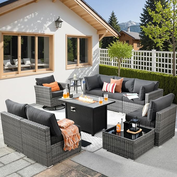 HOOOWOOO 10 Piece Patio Sectional Furniture Set with Fire Pit Table,Modern Wicker Outdoor Conversation Sofa Sets,Weather Resistant Modular L Shaped Outside Couch Swivel Chair Set(Black)